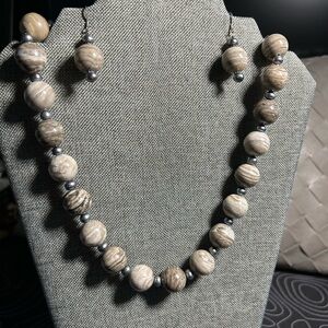Jasper and Pearl Sterling Silver 13mm Elegant Beaded Necklace earrings set